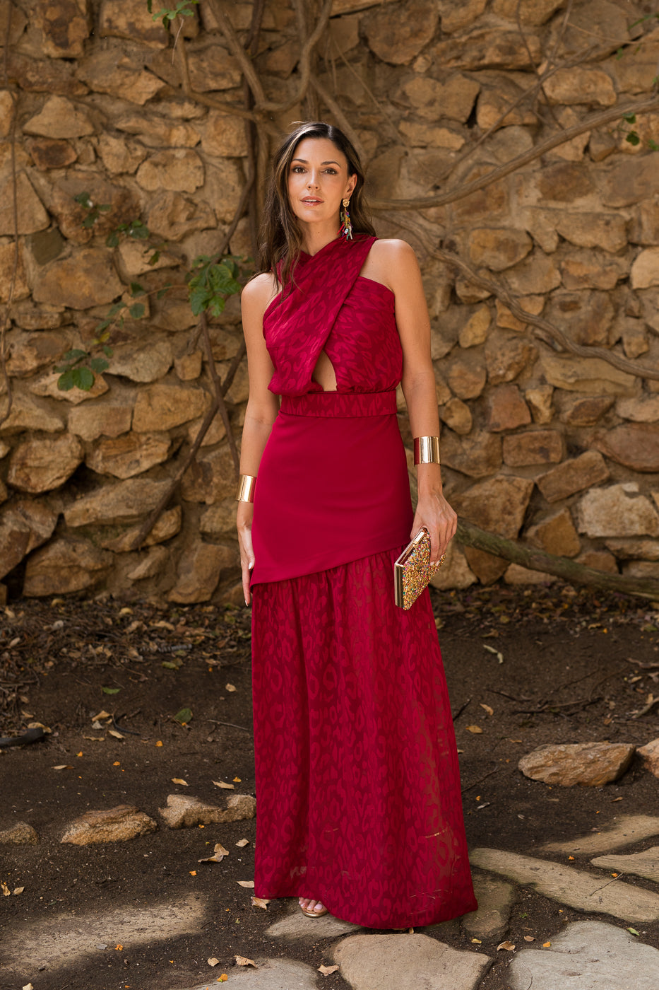 Vestido largo halter doble falda cereza