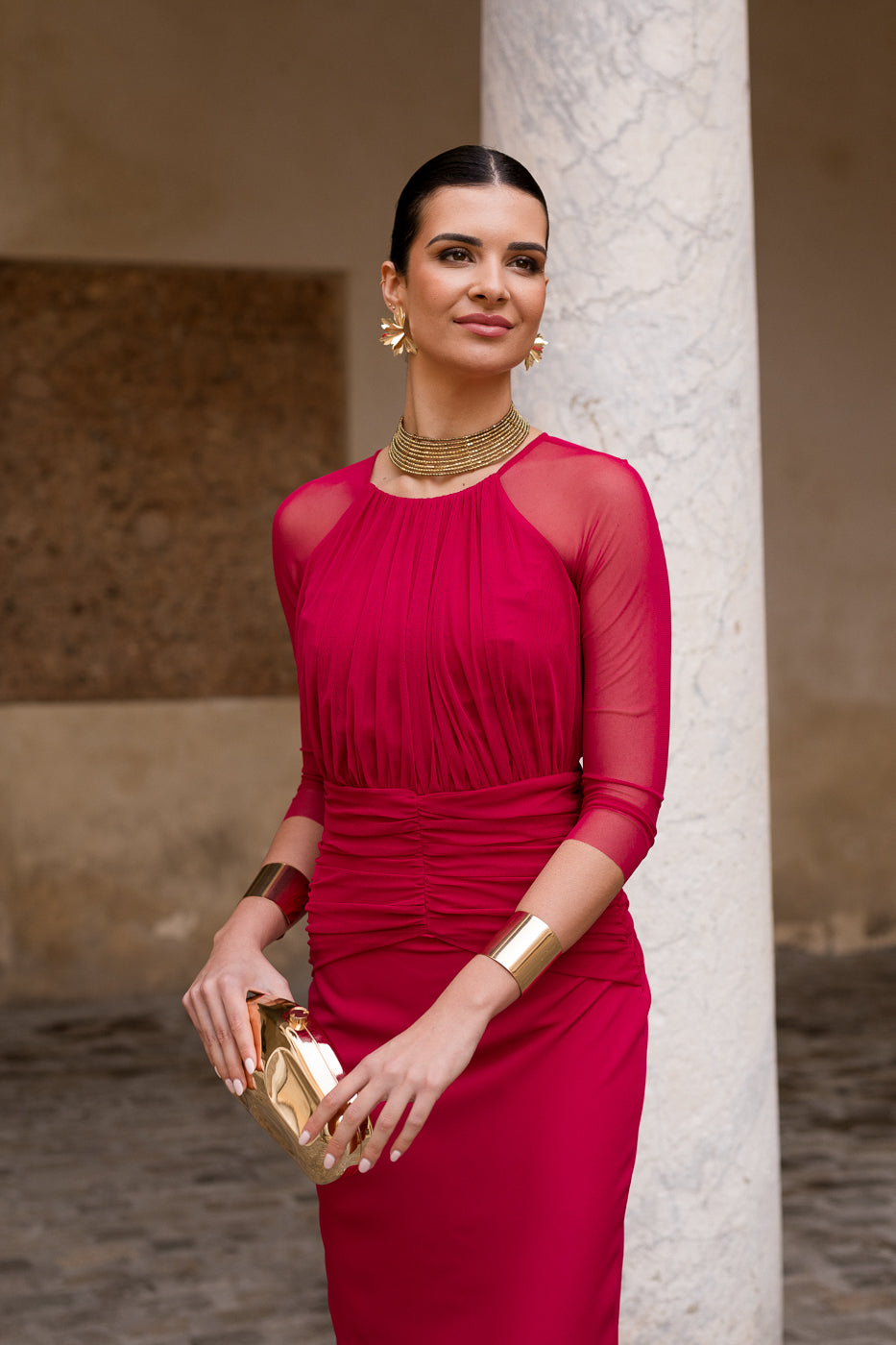 Vestido midi manga tul cereza