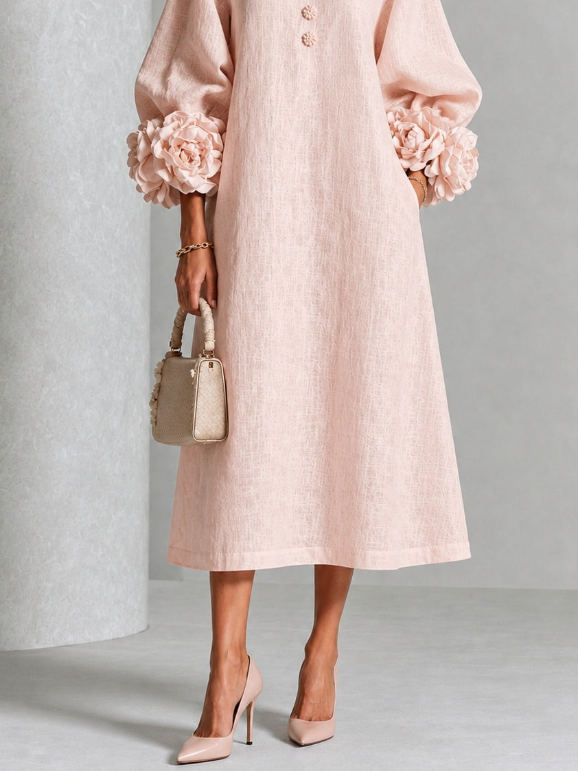 Églantine | Vestido midi rosa con botones florales y mangas de fantasía