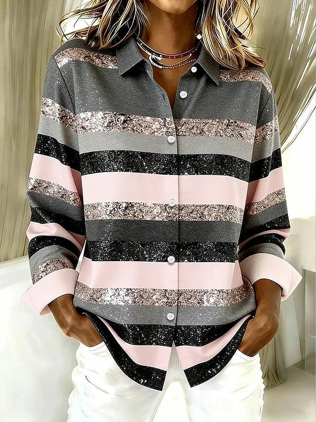 Evancline™ | Blusa de rayas horizontales con botones — Rosa empolvado