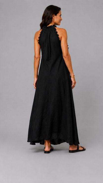 Fernanda | Vestido Largo Sin Mangas de Lino con Volantes Elegantes