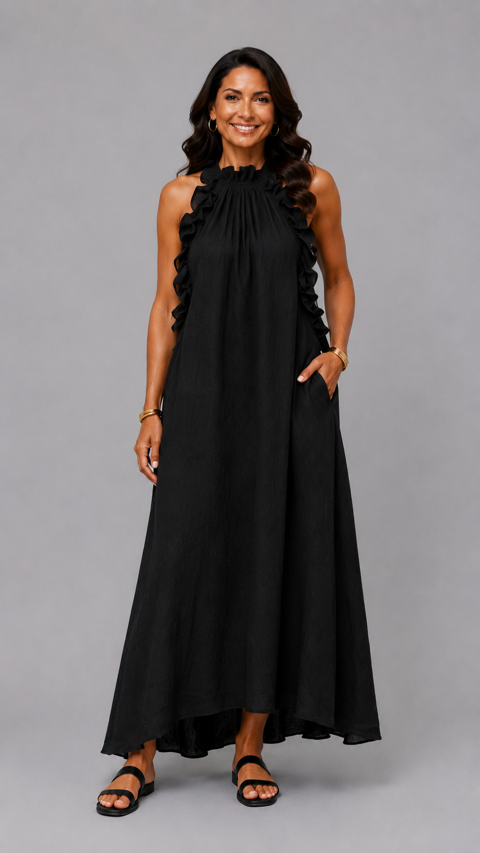 Fernanda | Vestido Largo Sin Mangas de Lino con Volantes Elegantes