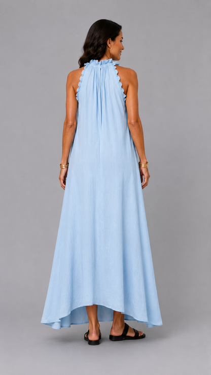 Fernanda | Vestido Largo Sin Mangas de Lino con Volantes Elegantes