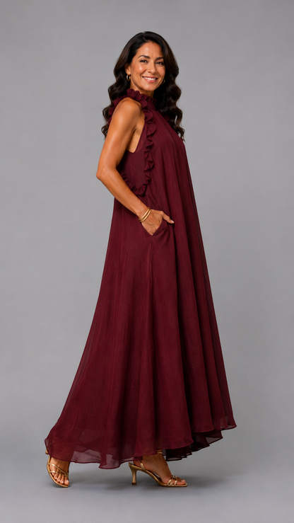 Fernanda | Vestido Largo Sin Mangas de Lino con Volantes Elegantes
