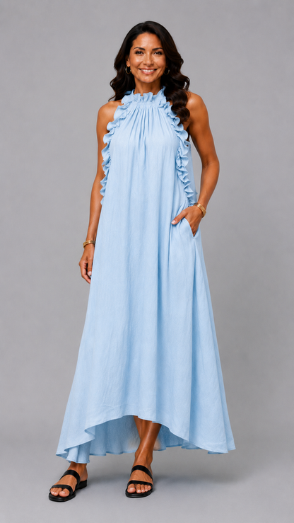 Fernanda | Vestido Largo Sin Mangas de Lino con Volantes Elegantes