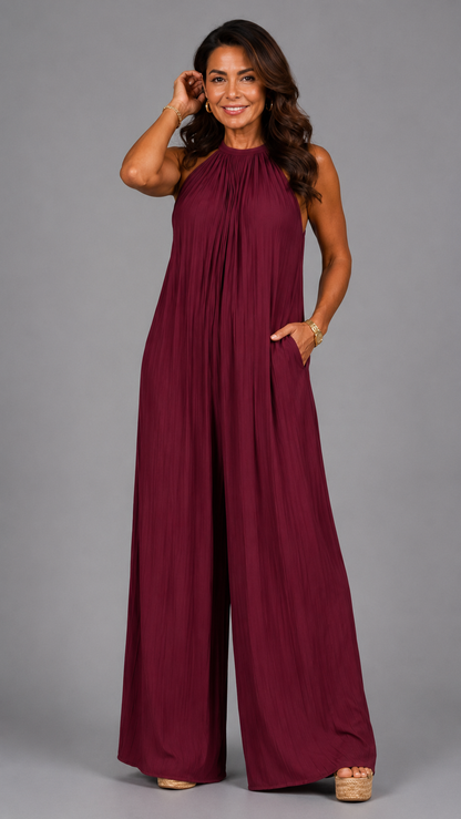 Sylvara | Jumpsuit Elegante de Pierna Amplia y Cuello Halter