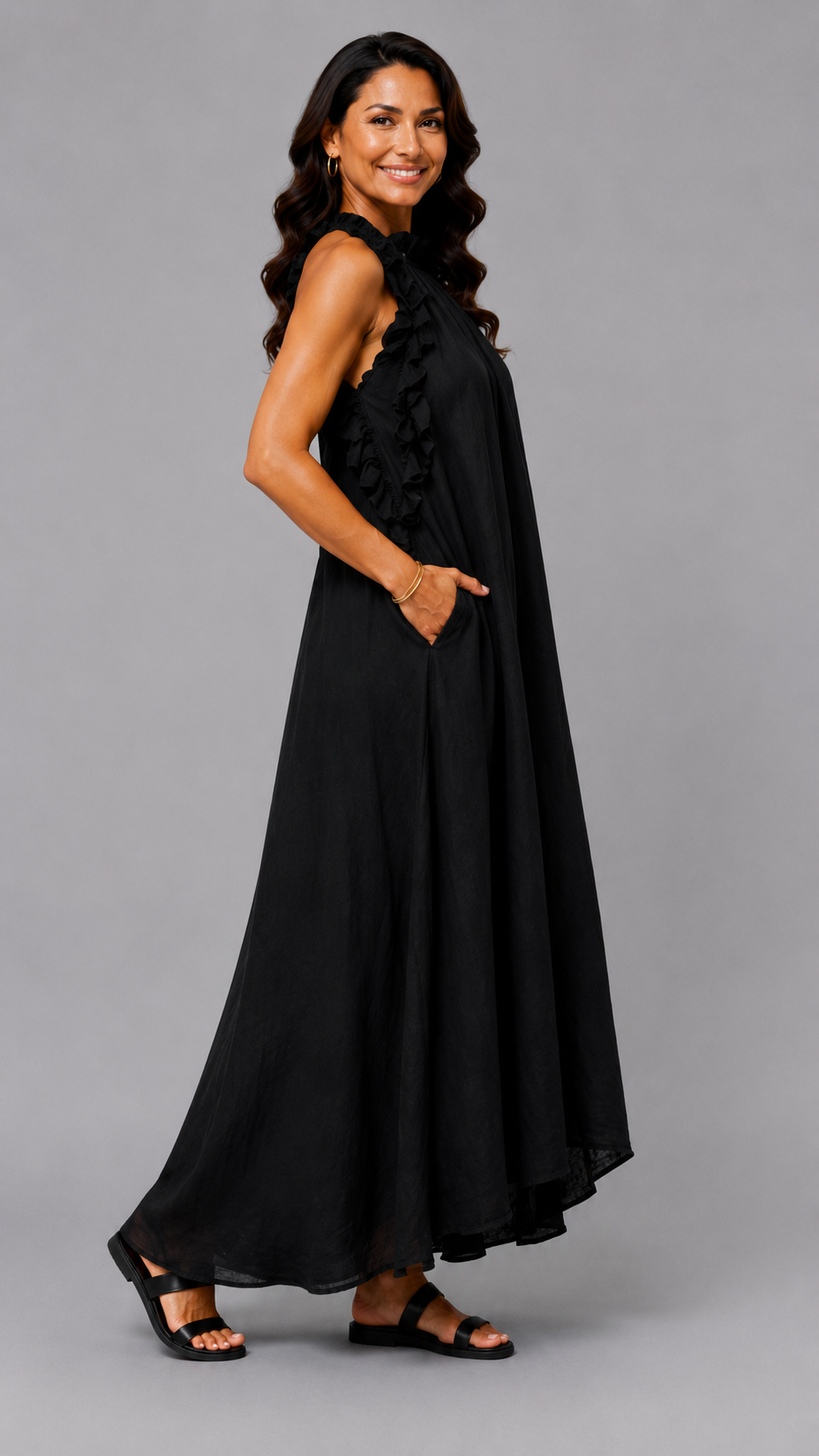 Fernanda | Vestido Largo Sin Mangas de Lino con Volantes Elegantes