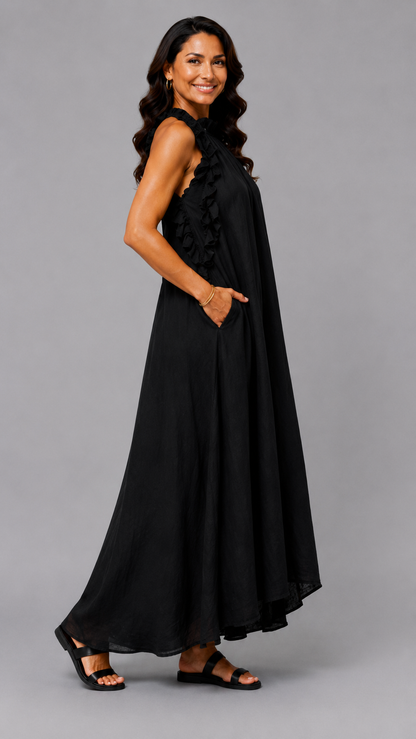 Fernanda | Vestido Largo Sin Mangas de Lino con Volantes Elegantes