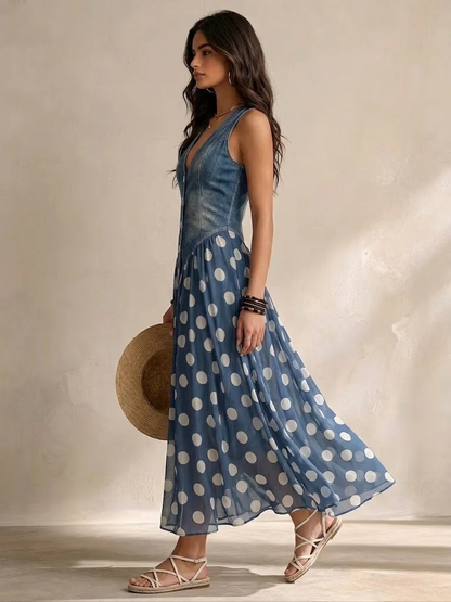 Adeline | Vestido largo vaquero con lunares