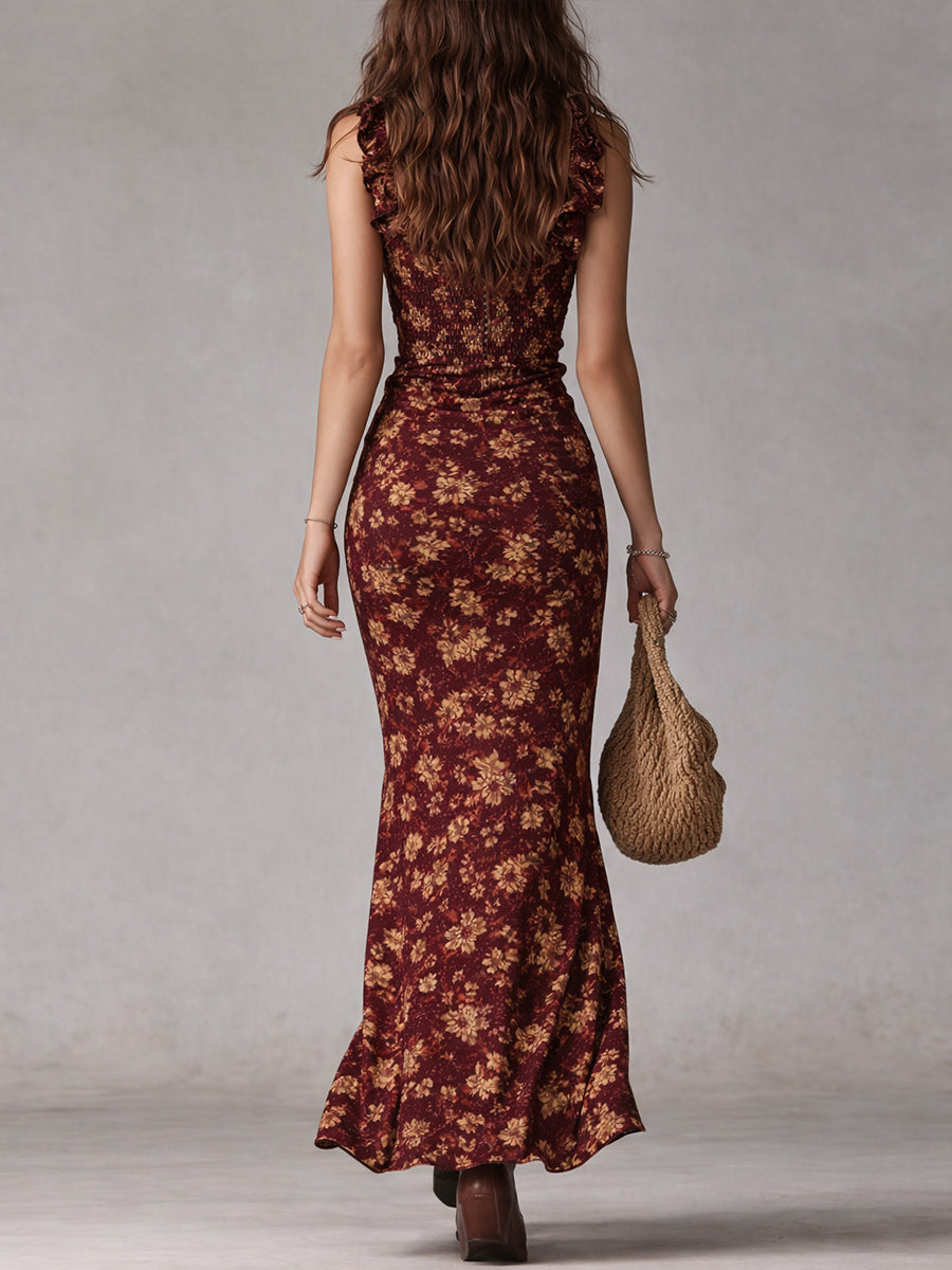 Vestido largo de estilo bohemio y retro con mangas de volantes y elegante abertura alta