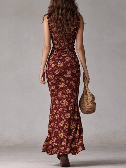 Vestido largo de estilo bohemio y retro con mangas de volantes y elegante abertura alta