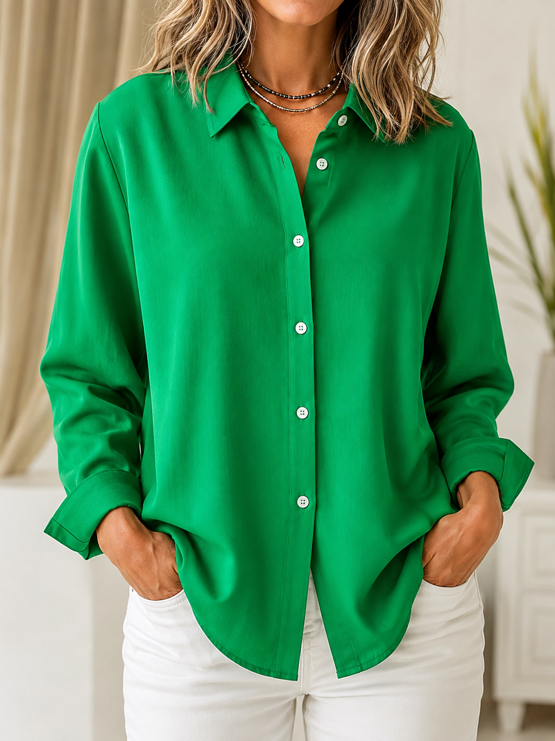 Marguerite™ | Blusa clásica lisa con botones — Verde