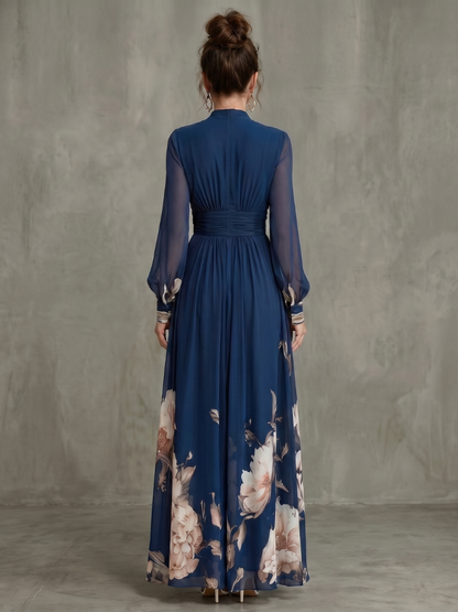 Zélie | Vestido largo con mangas plisadas transparentes