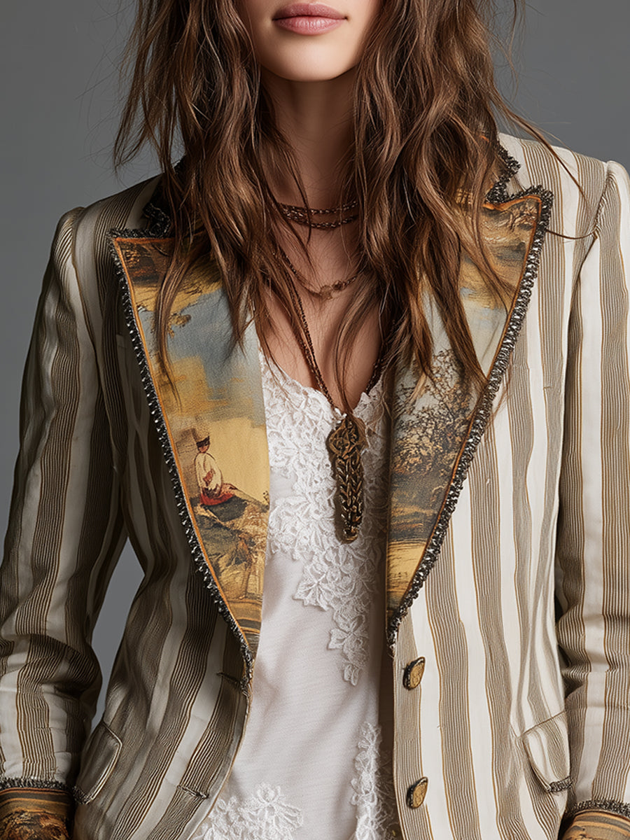 Rosanna | Blazer bohemio de rayas con cuello estampado