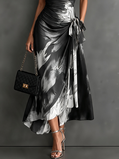 Vestido Midi Envoltura con Estampado Abstracto Rojo y Negro, Cuello con Escote en V, Manga Corta, Cintura para Atar, Dobladillo Asimétrico con Volantes