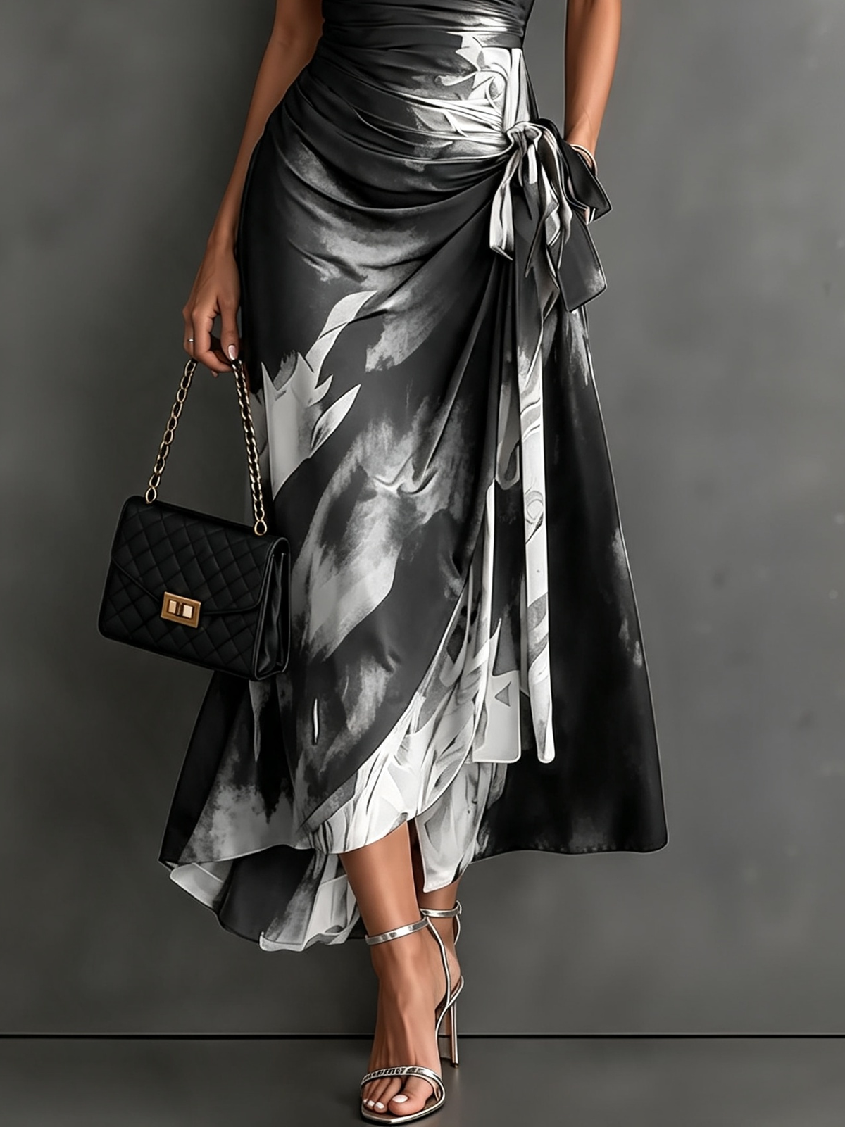 Rosalie | Vestido midi cruzado con estampado abstracto, escote en V, manga corta, cinturón y bajo asimétrico con volante