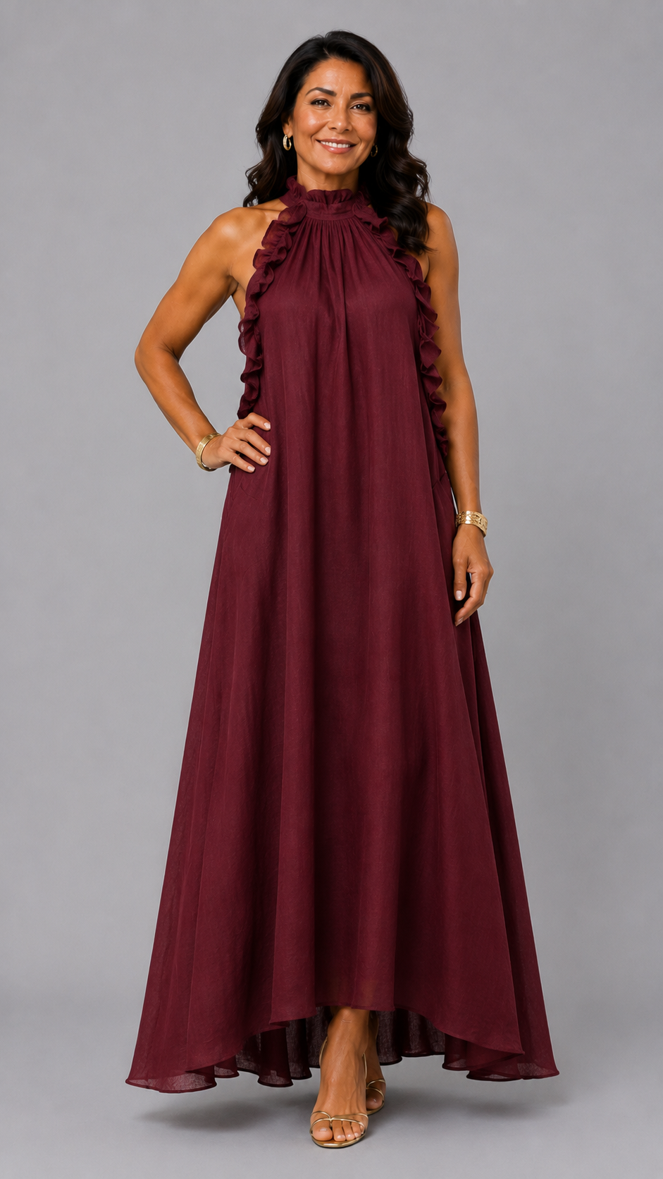 Fernanda | Vestido Largo Sin Mangas de Lino con Volantes Elegantes