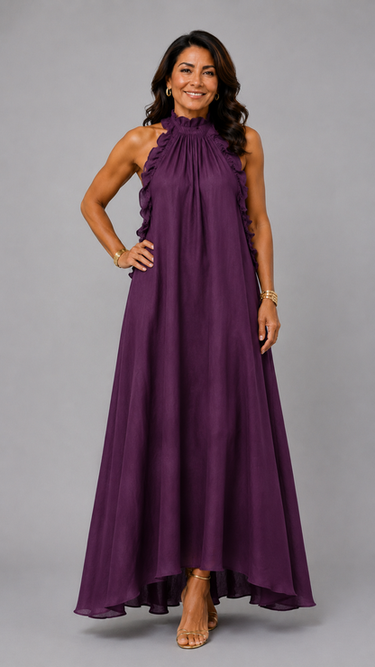 Fernanda | Vestido Largo Sin Mangas de Lino con Volantes Elegantes