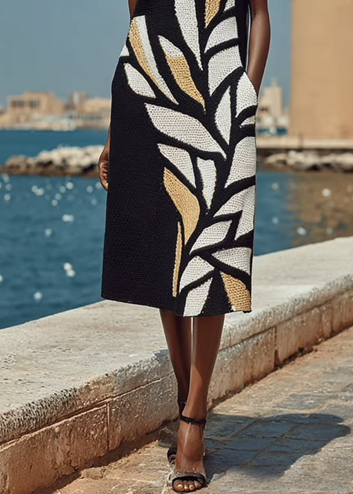 Vestido Midi Negro Sin Mangas Estampado Largo
