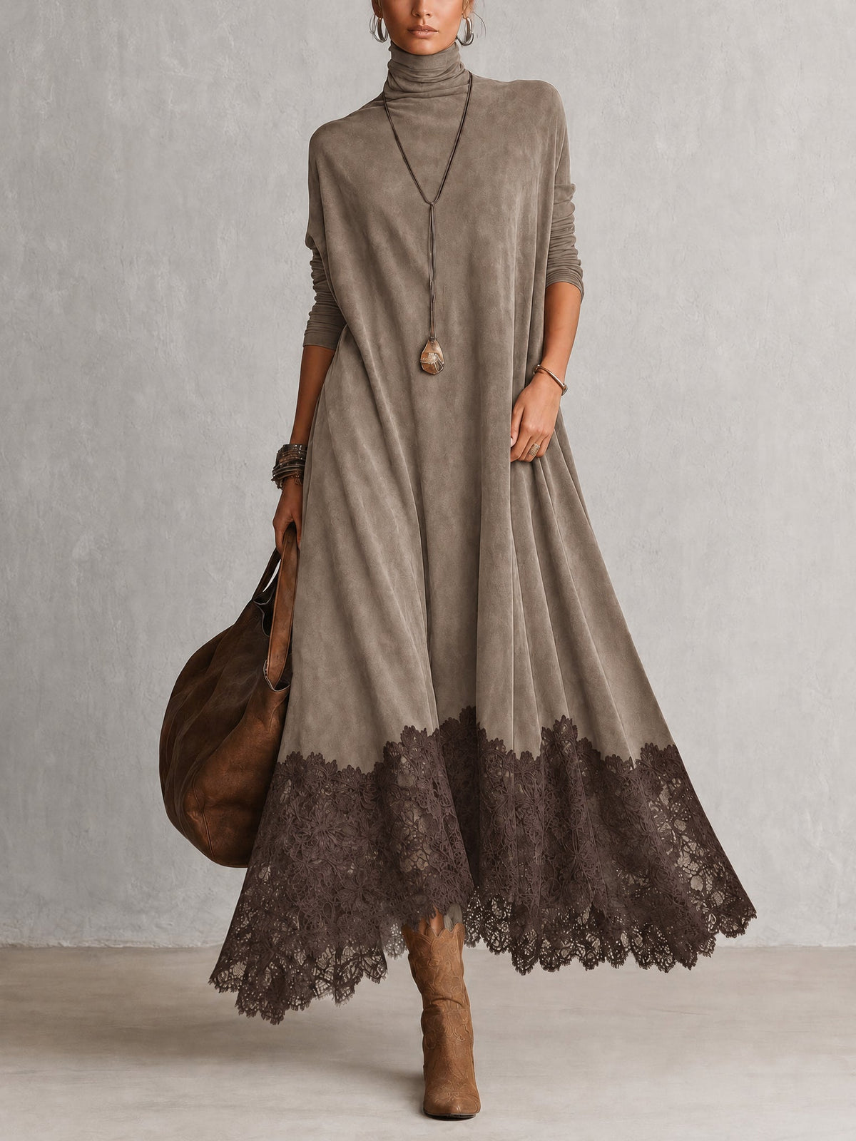 ISABELLA | Vestido Largo de Estilo Vintage con Cuello Alto y Encaje Floral