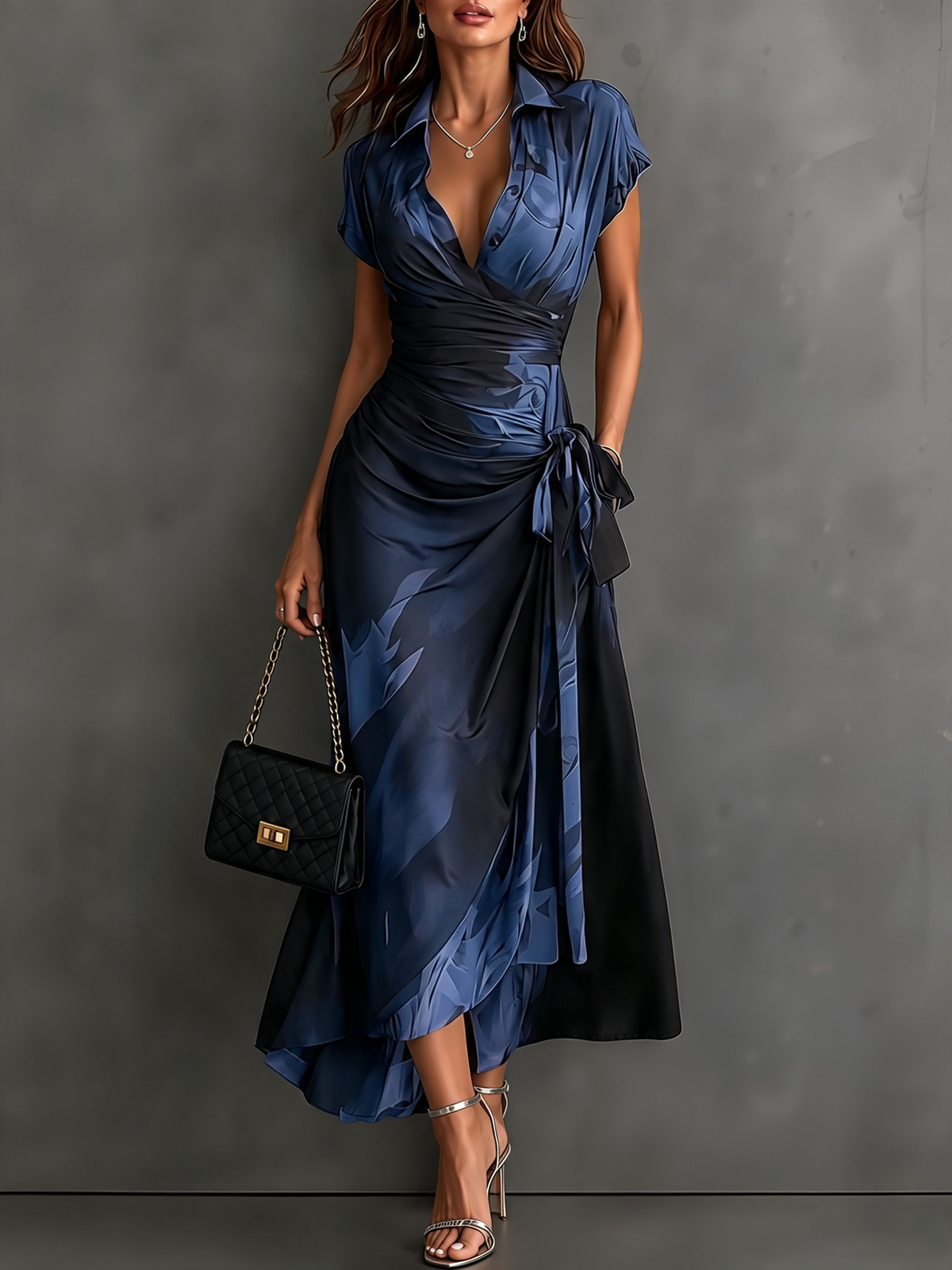 Rosalie | Vestido midi cruzado con estampado abstracto, escote en V, manga corta, cinturón y bajo asimétrico con volante