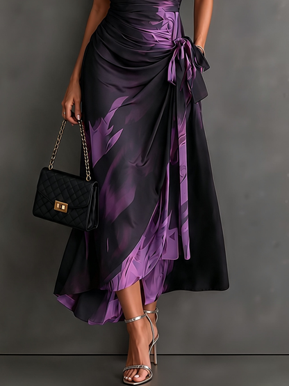 Vestido Midi Envoltura con Estampado Abstracto Rojo y Negro, Cuello con Escote en V, Manga Corta, Cintura para Atar, Dobladillo Asimétrico con Volantes