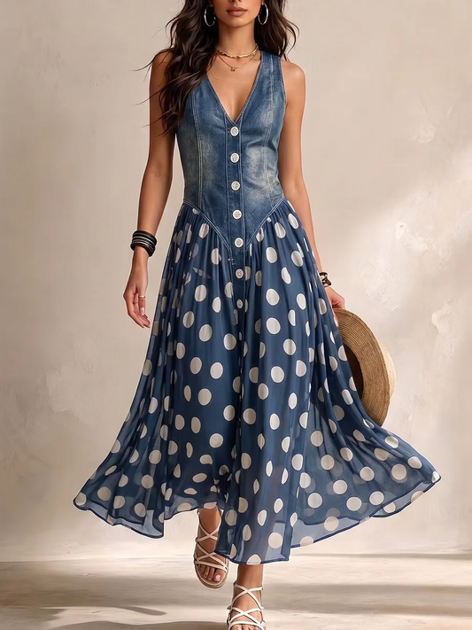 Adeline | Vestido largo vaquero con lunares