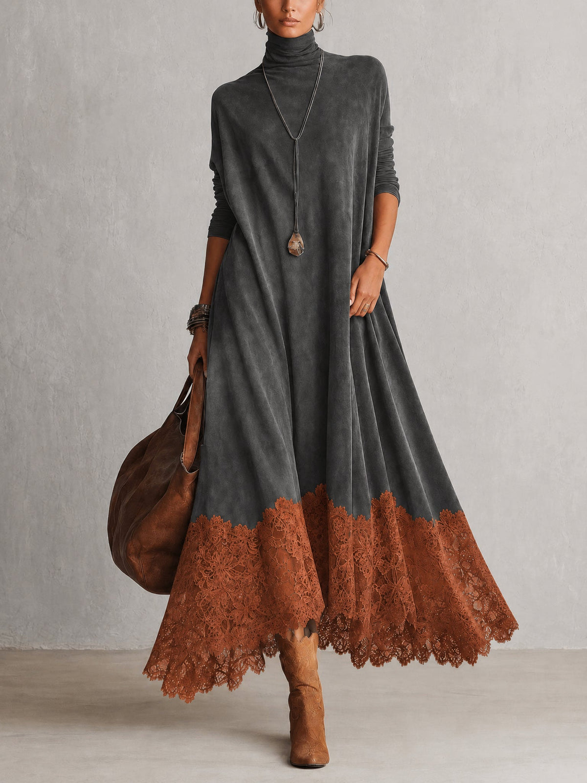 ISABELLA | Vestido Largo de Estilo Vintage con Cuello Alto y Encaje Floral