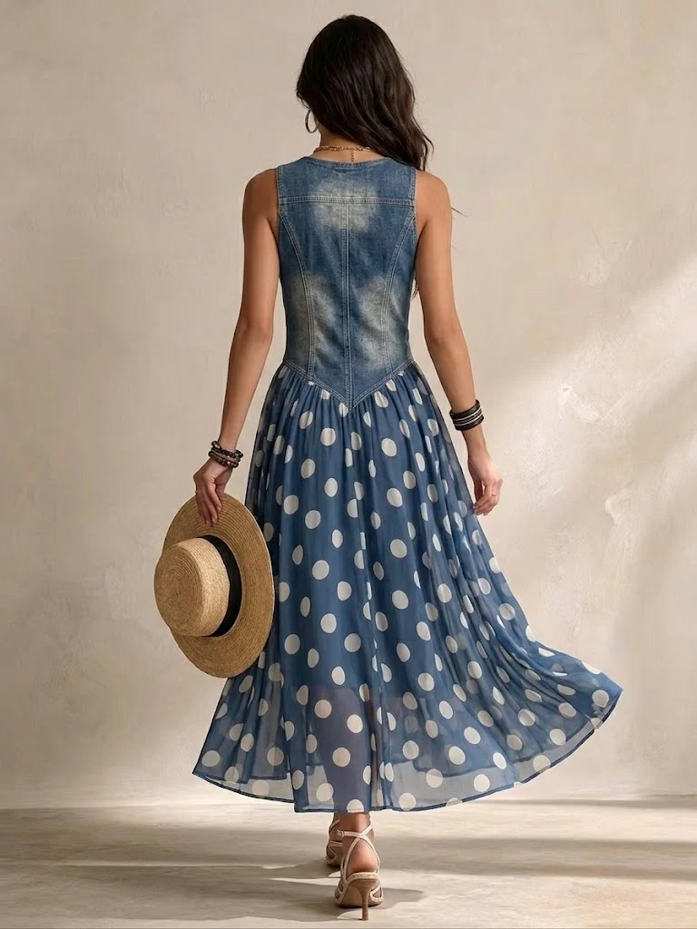 Adeline | Vestido largo vaquero con lunares