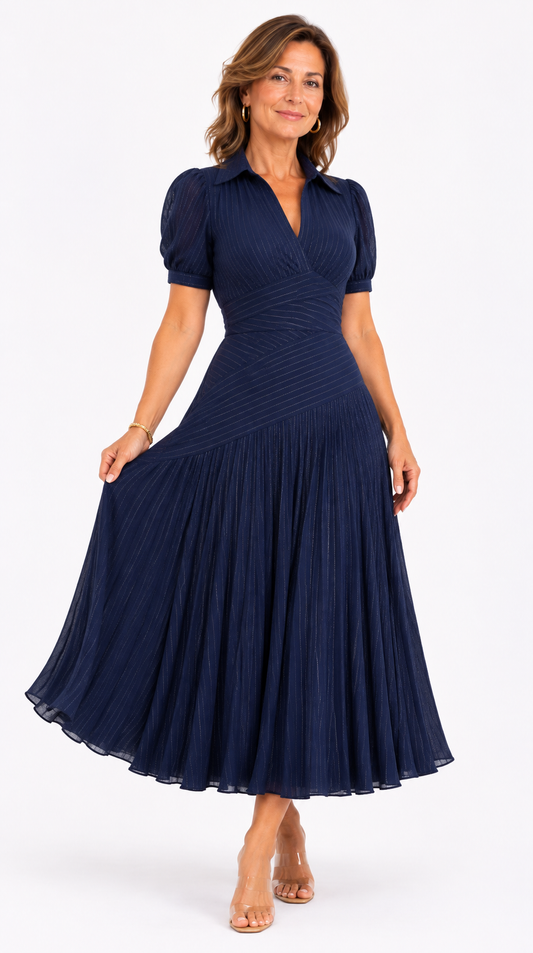 Adriana | Vestido Midi de Satén a Rayas Retro