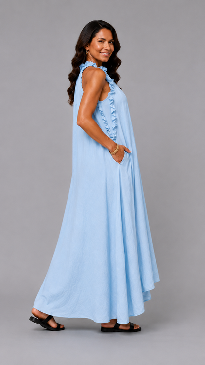 Fernanda | Vestido Largo Sin Mangas de Lino con Volantes Elegantes