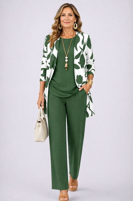 Mae | Conjunto de Tres Piezas Elegancia Clásica — Verde y blanco