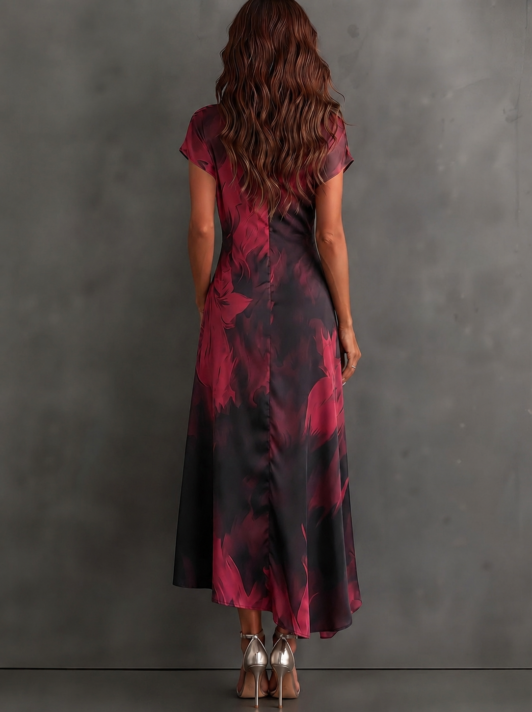 Vestido Midi Envoltura con Estampado Abstracto Rojo y Negro, Cuello con Escote en V, Manga Corta, Cintura para Atar, Dobladillo Asimétrico con Volantes