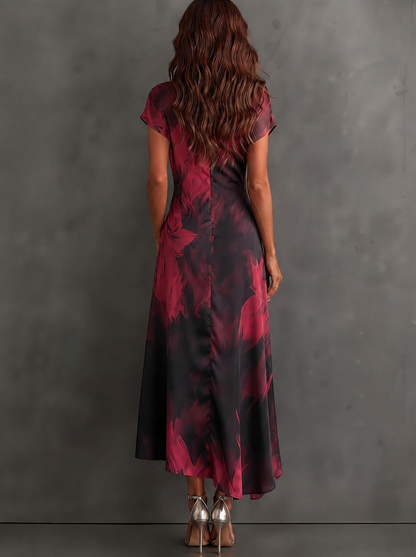 Vestido Midi Envoltura con Estampado Abstracto Rojo y Negro, Cuello con Escote en V, Manga Corta, Cintura para Atar, Dobladillo Asimétrico con Volantes