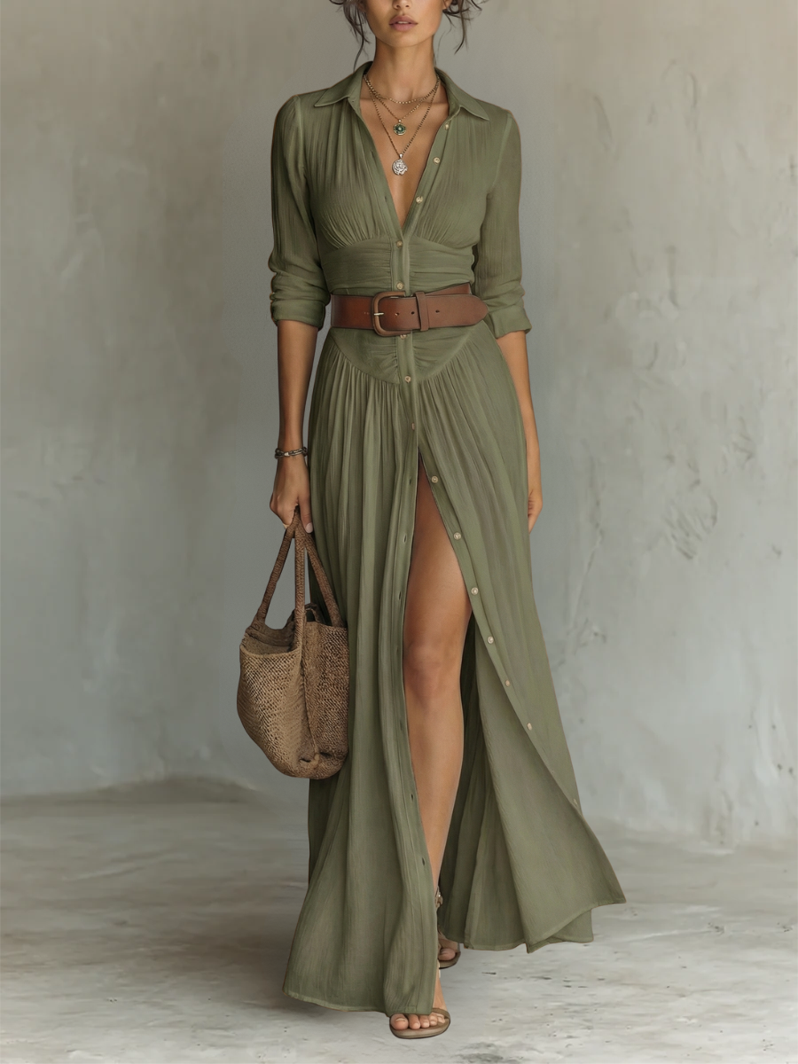 Valérie | Vestido largo con cuello de solapas y manga larga