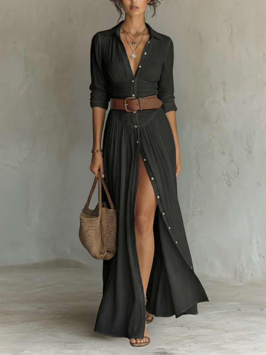 Valérie | Vestido largo con cuello de solapas y manga larga