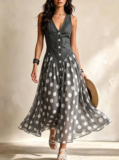 Adeline | Vestido largo vaquero con lunares