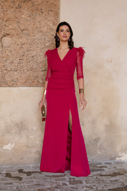 Vestido largo drapeado con escote cruzado cereza