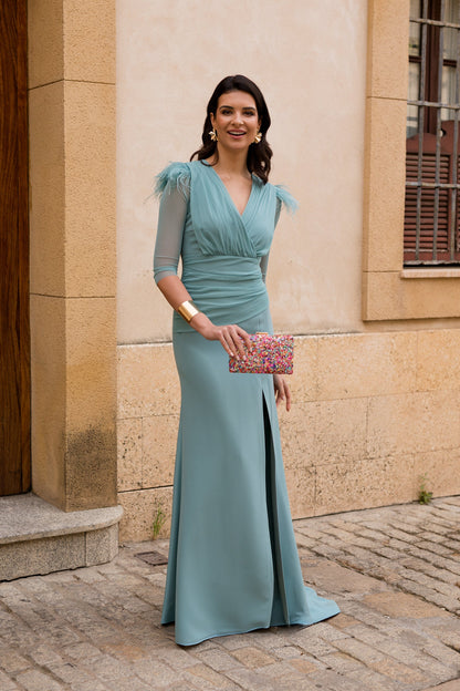 Vestido largo drapeado con escote cruzado hielo