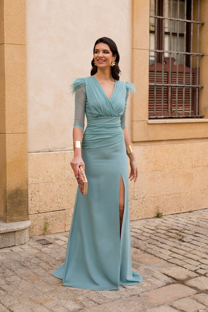 Vestido largo drapeado con escote cruzado hielo