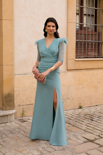 Vestido largo drapeado con escote cruzado hielo