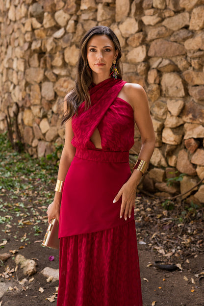 Vestido  largo halter doble falda cereza