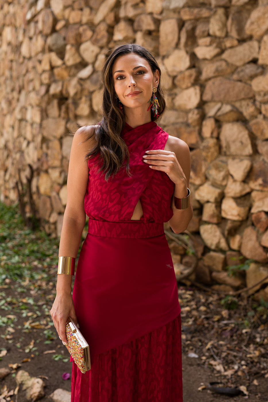 Vestido  largo halter doble falda cereza