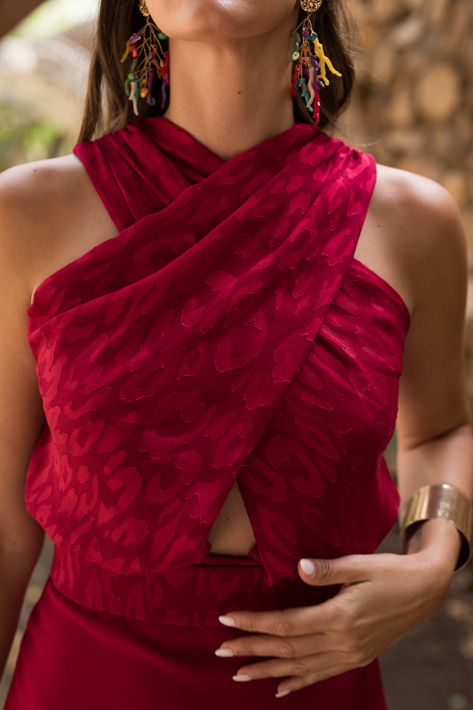 Vestido  largo halter doble falda cereza