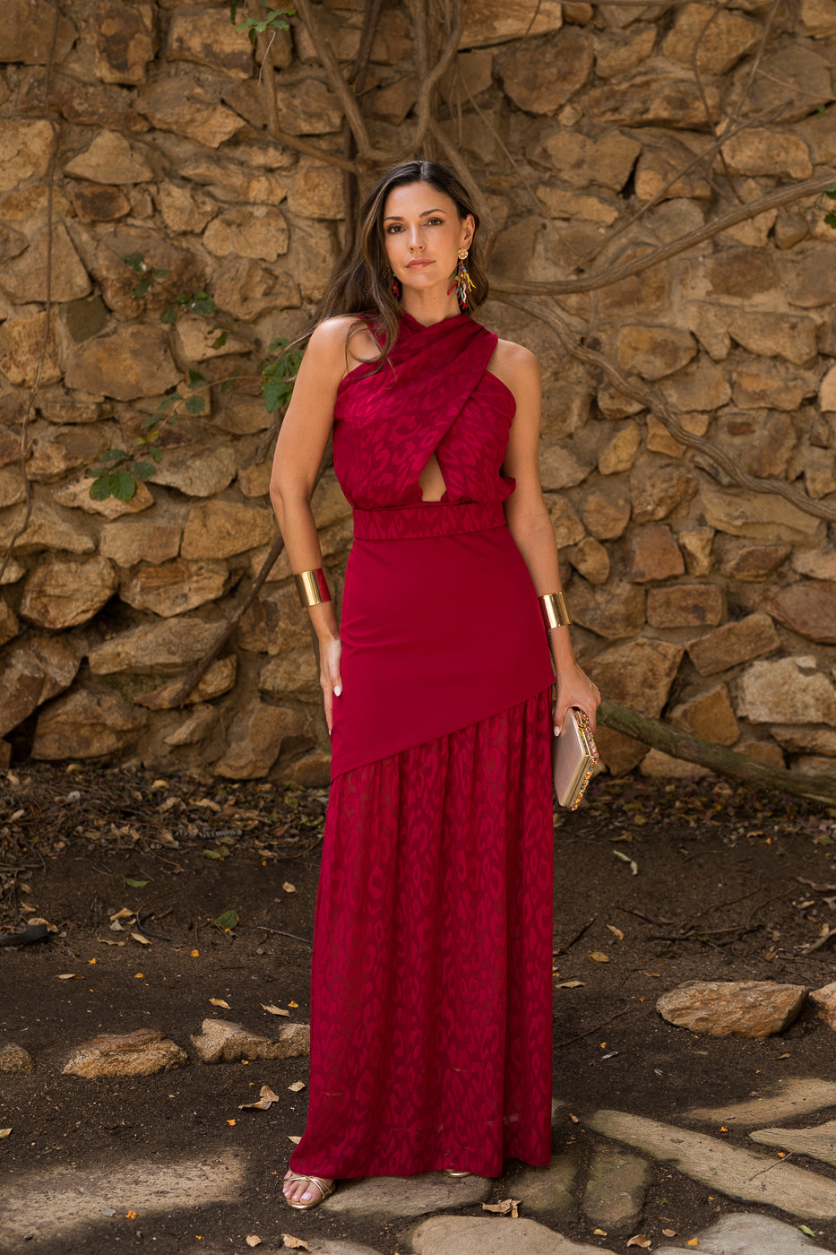 Vestido  largo halter doble falda cereza