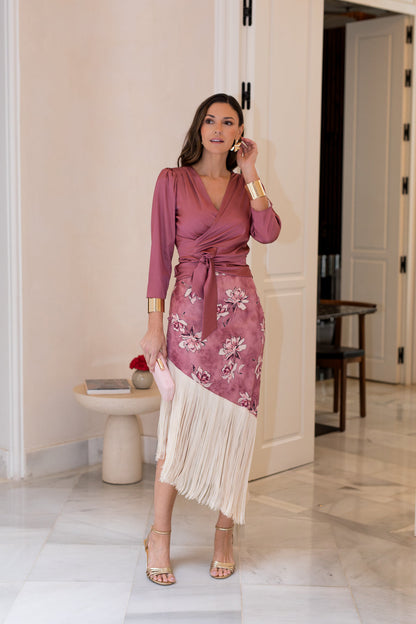 Conjunto de Blusa + falda de flecos rosa empolvado