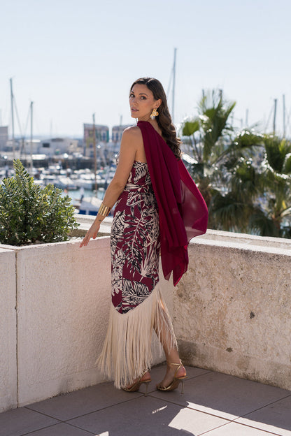 Vestido flecos escote halter cereza