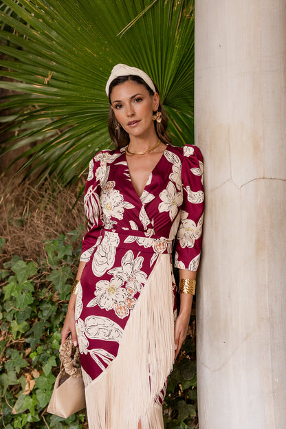 Vestido flecos estampado cereza