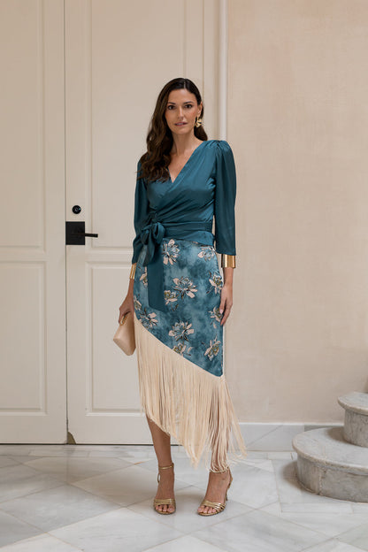 Conjunto de Blusa + falda de flecos petróleo