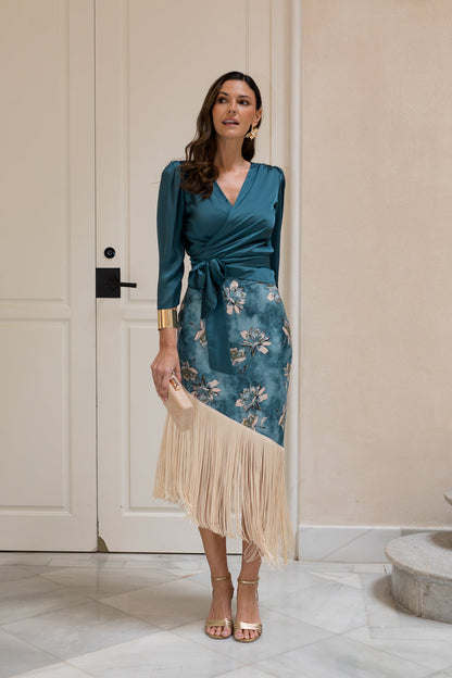 Conjunto de Blusa + falda de flecos petróleo